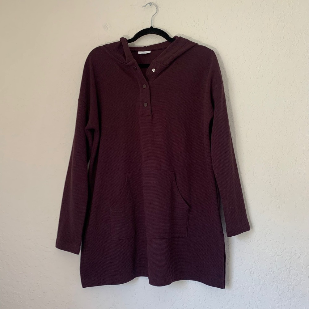 J.Jill Fit Tunic Hoodie Women M Dark Burgundy Henley Ribbed Pullover Athleisure